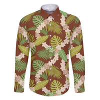 Brown Hawaii Plumeria Lei With Tropical Leaves Family Matching Long Sleeve Bodycon Dress and Hawaiian Shirt LT14 Dad's Shirt - Long Sleeve Brown - Polynesian Pride