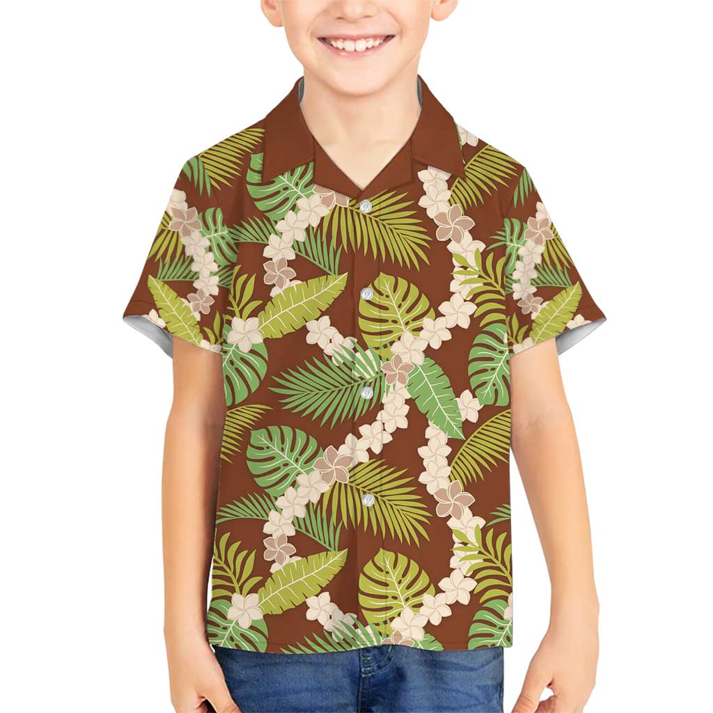 Brown Hawaii Plumeria Lei With Tropical Leaves Family Matching Long Sleeve Bodycon Dress and Hawaiian Shirt LT14 Son's Shirt Brown - Polynesian Pride
