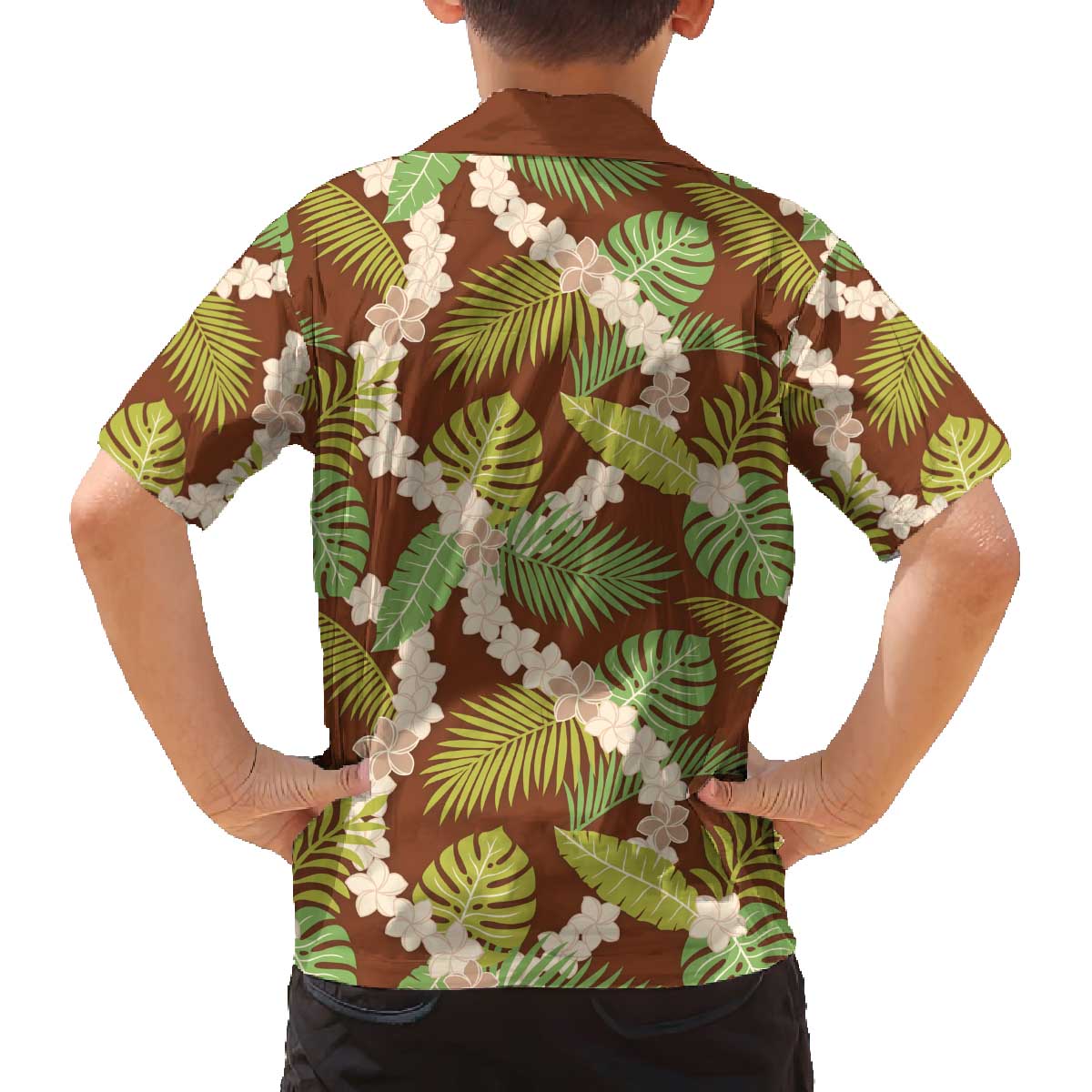 Brown Hawaii Plumeria Lei With Tropical Leaves Family Matching Off The Shoulder Long Sleeve Dress and Hawaiian Shirt LT14 - Polynesian Pride