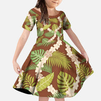 Brown Hawaii Plumeria Lei With Tropical Leaves Family Matching Off The Shoulder Long Sleeve Dress and Hawaiian Shirt LT14 Daughter's Dress Brown - Polynesian Pride