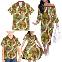 Brown Hawaii Plumeria Lei With Tropical Leaves Family Matching Off The Shoulder Long Sleeve Dress and Hawaiian Shirt LT14 - Polynesian Pride