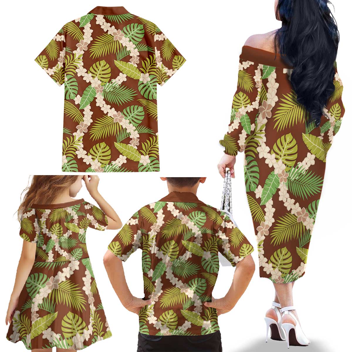 Brown Hawaii Plumeria Lei With Tropical Leaves Family Matching Off The Shoulder Long Sleeve Dress and Hawaiian Shirt LT14 - Polynesian Pride