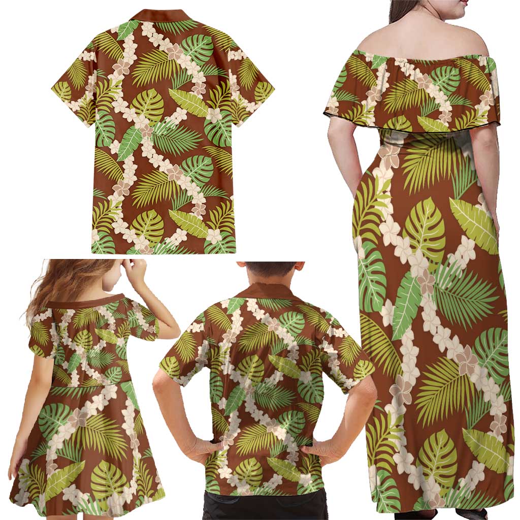 Brown Hawaii Plumeria Lei With Tropical Leaves Family Matching Off Shoulder Maxi Dress and Hawaiian Shirt LT14 - Polynesian Pride