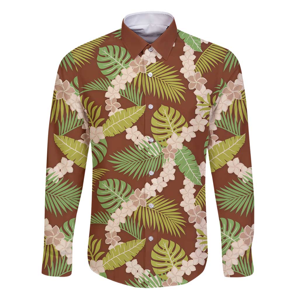 Brown Hawaii Plumeria Lei With Tropical Leaves Family Matching Off Shoulder Maxi Dress and Hawaiian Shirt LT14 Dad's Shirt - Long Sleeve Brown - Polynesian Pride
