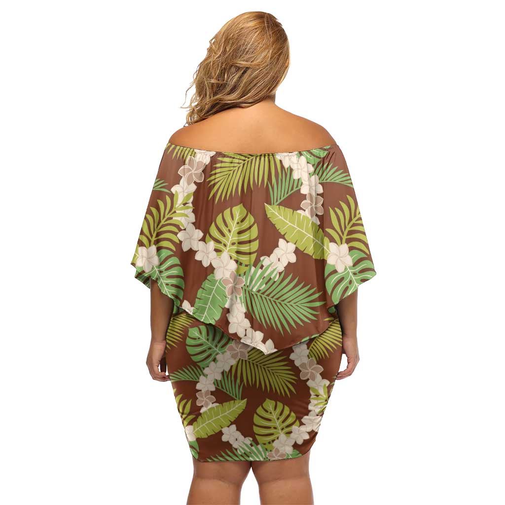 Brown Hawaii Plumeria Lei With Tropical Leaves Family Matching Off Shoulder Short Dress and Hawaiian Shirt LT14 - Polynesian Pride