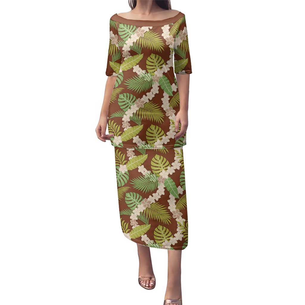 Brown Hawaii Plumeria Lei With Tropical Leaves Family Matching Puletasi and Hawaiian Shirt LT14 Mom's Dress Brown - Polynesian Pride