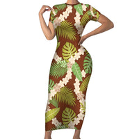 Brown Hawaii Plumeria Lei With Tropical Leaves Family Matching Short Sleeve Bodycon Dress and Hawaiian Shirt LT14 Mom's Dress Brown - Polynesian Pride