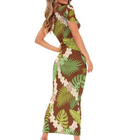 Brown Hawaii Plumeria Lei With Tropical Leaves Family Matching Short Sleeve Bodycon Dress and Hawaiian Shirt LT14 - Polynesian Pride