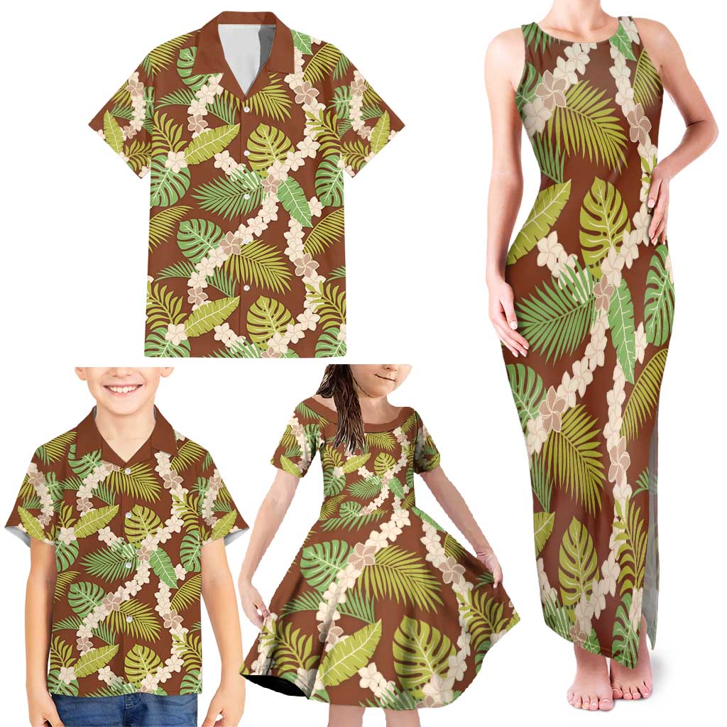 Brown Hawaii Plumeria Lei With Tropical Leaves Family Matching Tank Maxi Dress and Hawaiian Shirt LT14 - Polynesian Pride