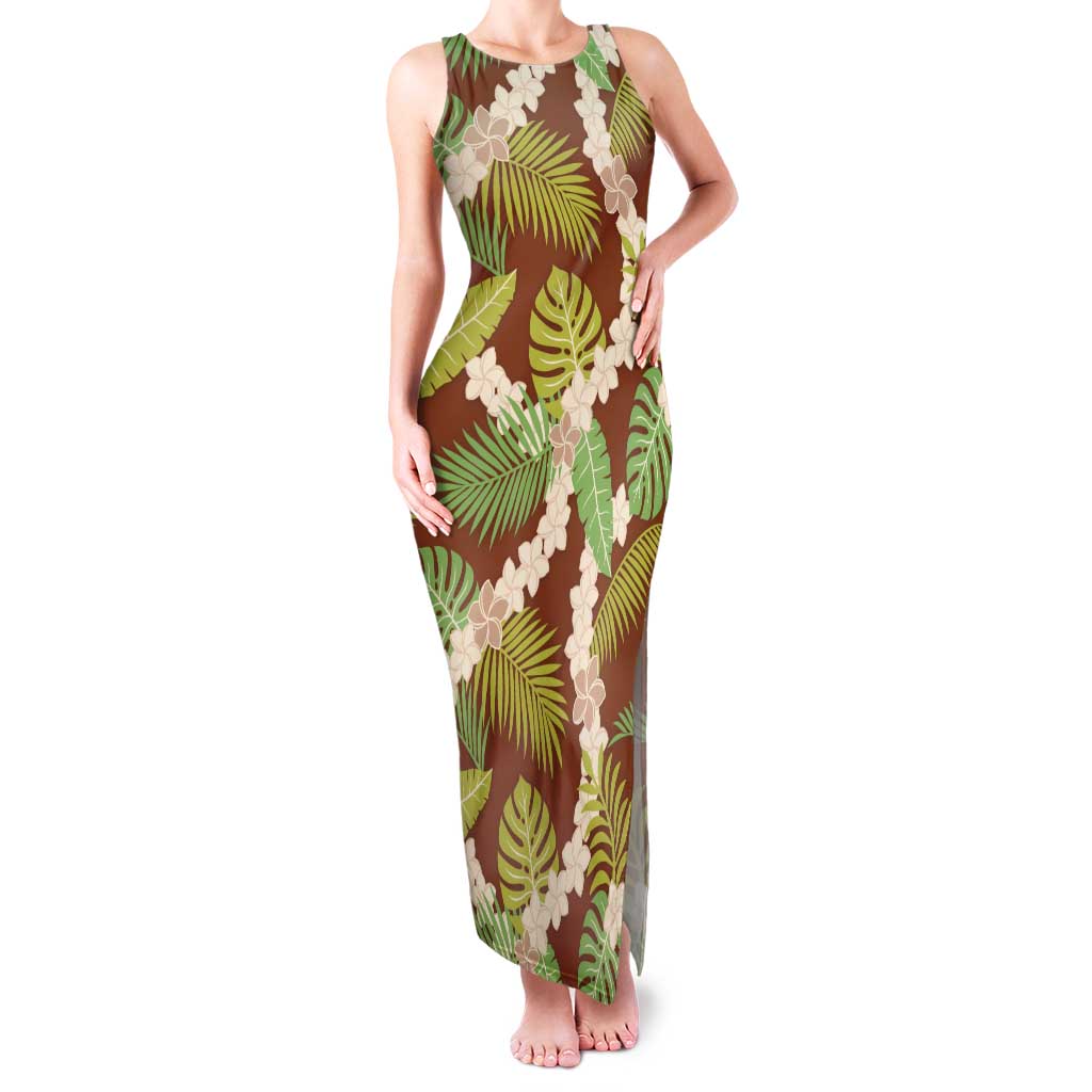 Brown Hawaii Plumeria Lei With Tropical Leaves Family Matching Tank Maxi Dress and Hawaiian Shirt LT14 Mom's Dress Brown - Polynesian Pride