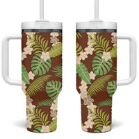 Brown Hawaii Plumeria Lei With Tropical Leaves Tumbler With Handle LT14 One Size: 40 oz Brown - Polynesian Pride