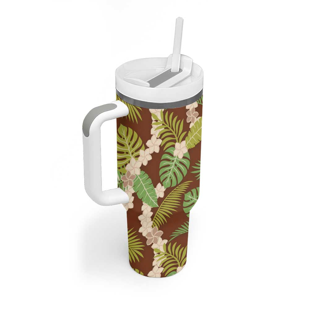 Brown Hawaii Plumeria Lei With Tropical Leaves Tumbler With Handle LT14 - Polynesian Pride