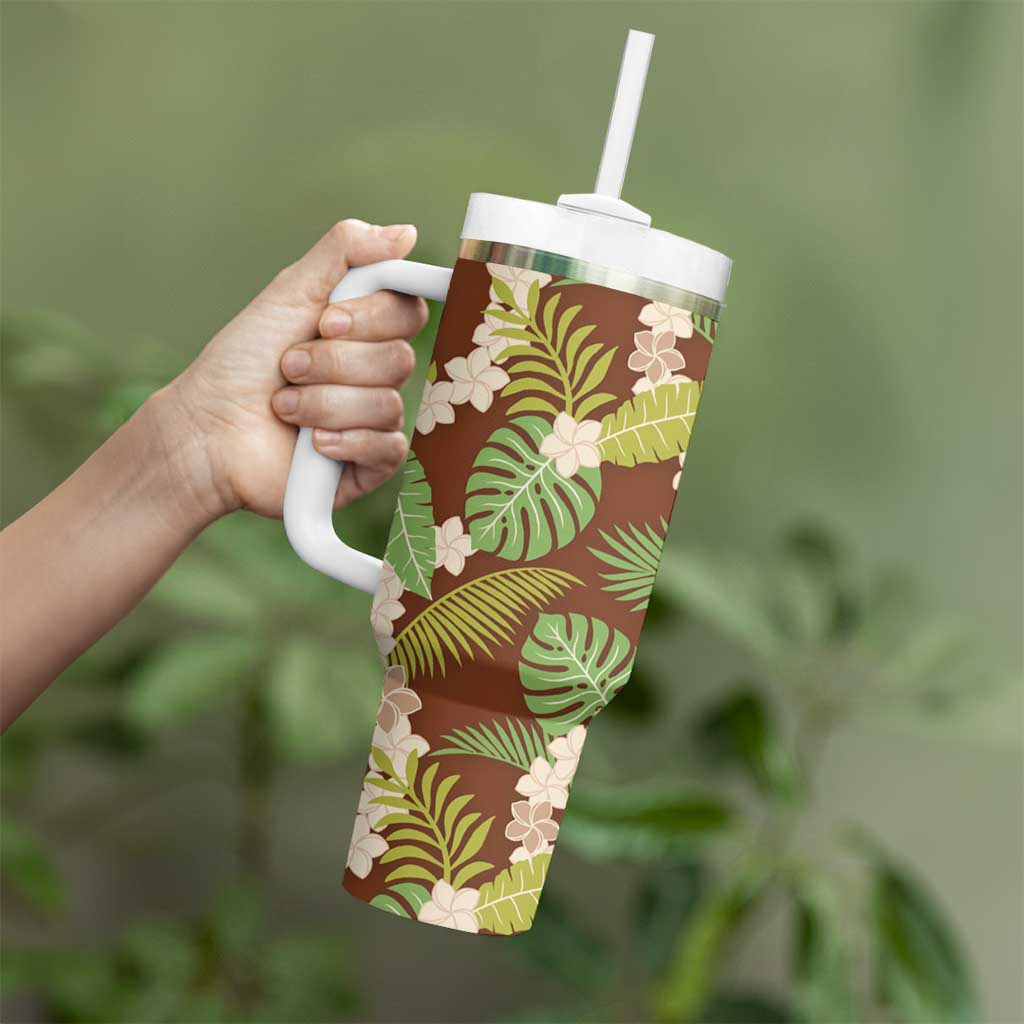 Brown Hawaii Plumeria Lei With Tropical Leaves Tumbler With Handle LT14 - Polynesian Pride