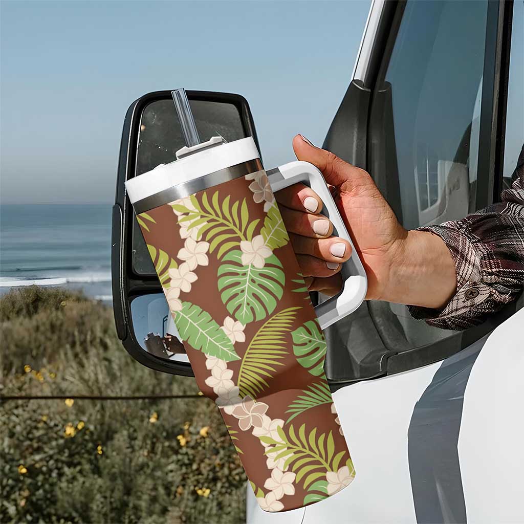 Brown Hawaii Plumeria Lei With Tropical Leaves Tumbler With Handle LT14 - Polynesian Pride