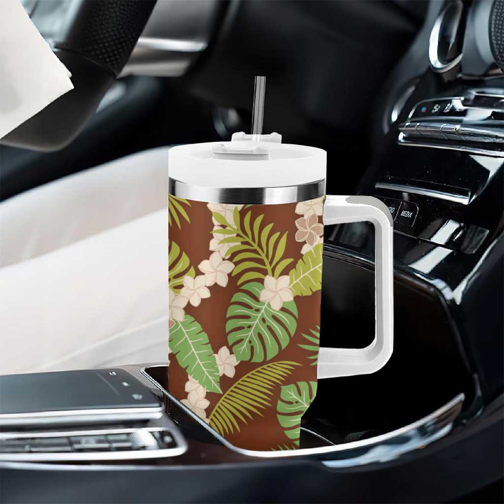 Brown Hawaii Plumeria Lei With Tropical Leaves Tumbler With Handle LT14 - Polynesian Pride