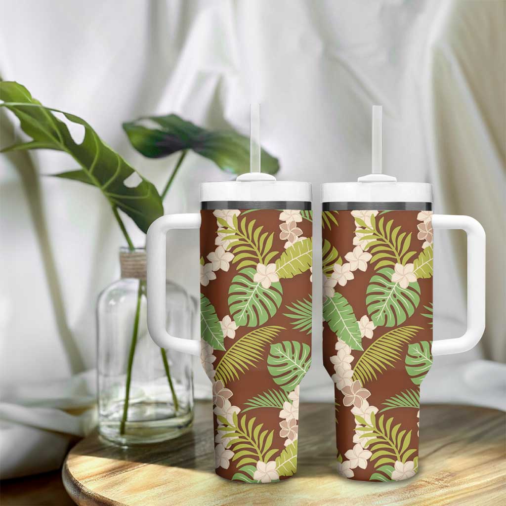 Brown Hawaii Plumeria Lei With Tropical Leaves Tumbler With Handle LT14 - Polynesian Pride