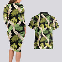 Black Hawaii Plumeria Lei With Tropical Leaves Couples Matching Long Sleeve Bodycon Dress and Hawaiian Shirt LT14 - Polynesian Pride