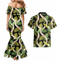 Black Hawaii Plumeria Lei With Tropical Leaves Couples Matching Mermaid Dress and Hawaiian Shirt