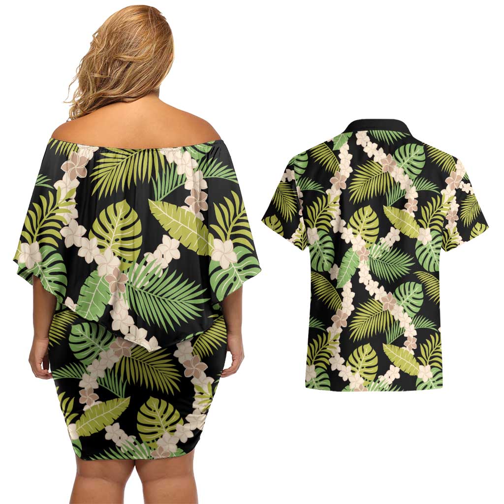 Black Hawaii Plumeria Lei With Tropical Leaves Couples Matching Off Shoulder Short Dress and Hawaiian Shirt