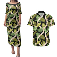 Black Hawaii Plumeria Lei With Tropical Leaves Couples Matching Puletasi and Hawaiian Shirt