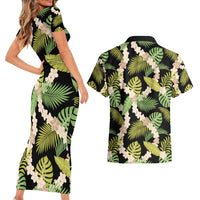 Black Hawaii Plumeria Lei With Tropical Leaves Couples Matching Short Sleeve Bodycon Dress and Hawaiian Shirt LT14 - Polynesian Pride