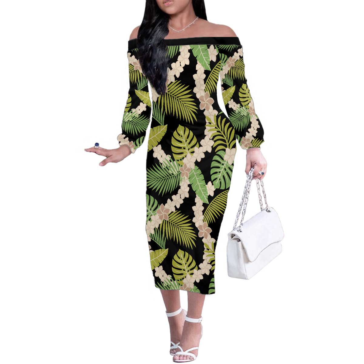 Black Hawaii Plumeria Lei With Tropical Leaves Family Matching Off The Shoulder Long Sleeve Dress and Hawaiian Shirt LT14 Mom's Dress Black - Polynesian Pride