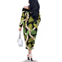 Black Hawaii Plumeria Lei With Tropical Leaves Family Matching Off The Shoulder Long Sleeve Dress and Hawaiian Shirt LT14 - Polynesian Pride