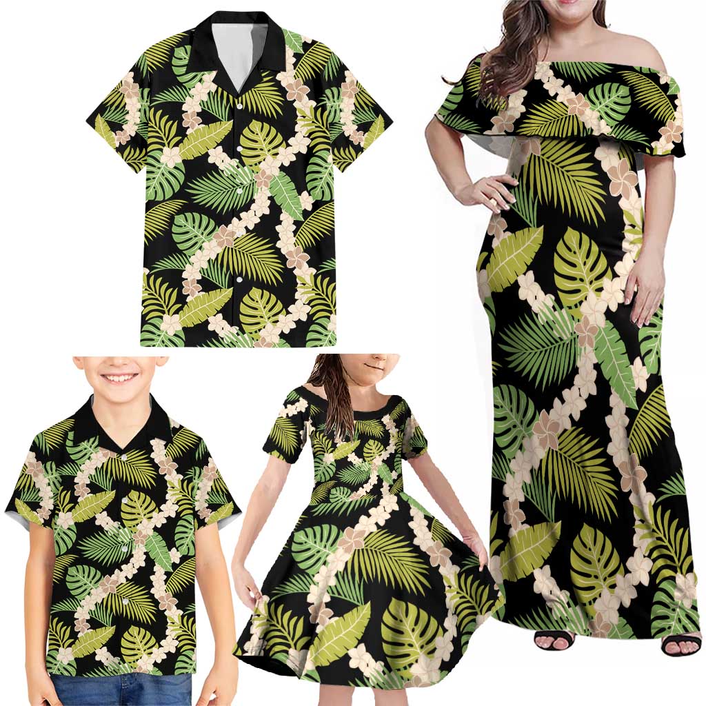 Black Hawaii Plumeria Lei With Tropical Leaves Family Matching Off Shoulder Maxi Dress and Hawaiian Shirt LT14 - Polynesian Pride