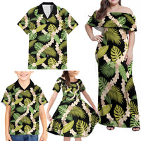Black Hawaii Plumeria Lei With Tropical Leaves Family Matching Off Shoulder Maxi Dress and Hawaiian Shirt LT14 - Polynesian Pride