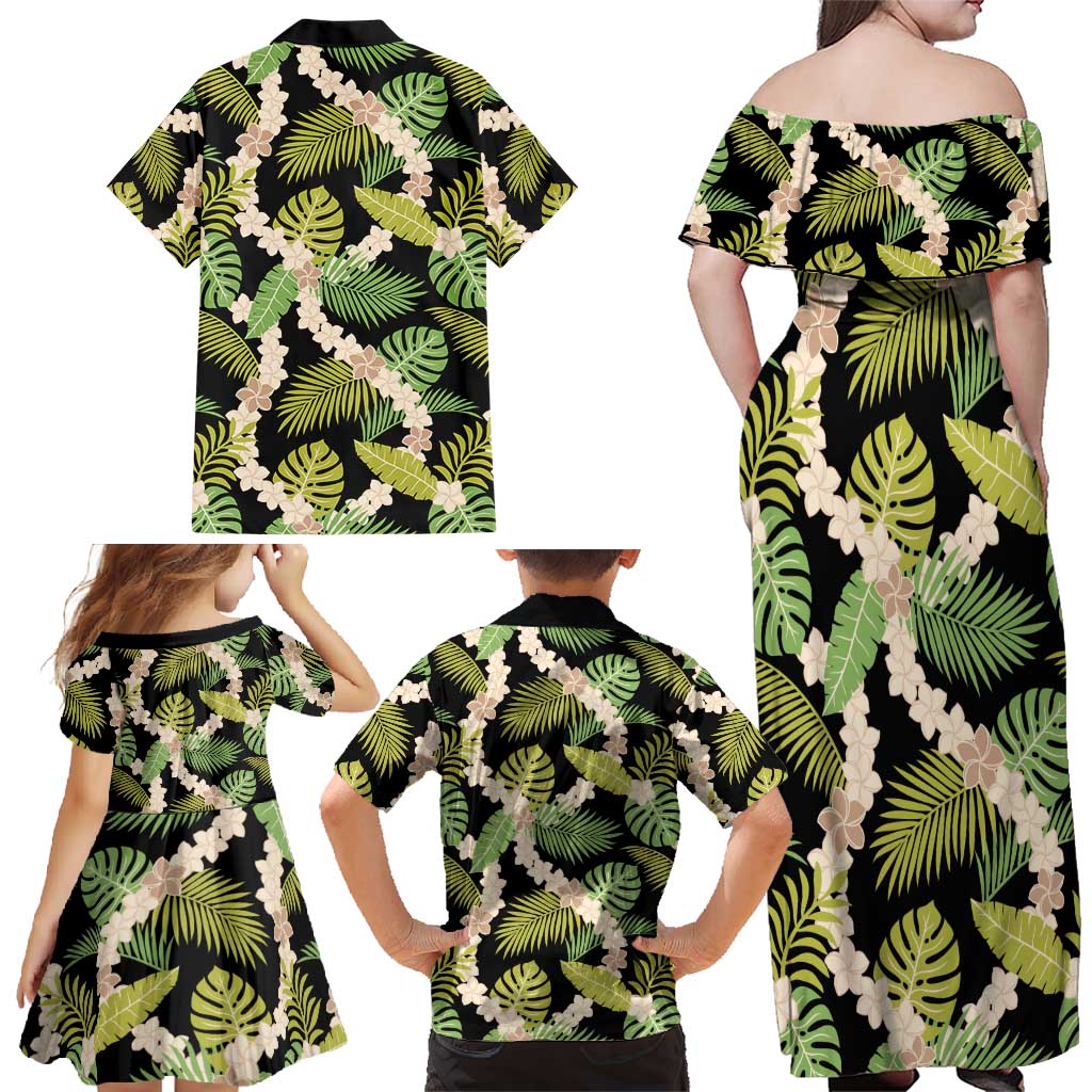 Black Hawaii Plumeria Lei With Tropical Leaves Family Matching Off Shoulder Maxi Dress and Hawaiian Shirt LT14 - Polynesian Pride