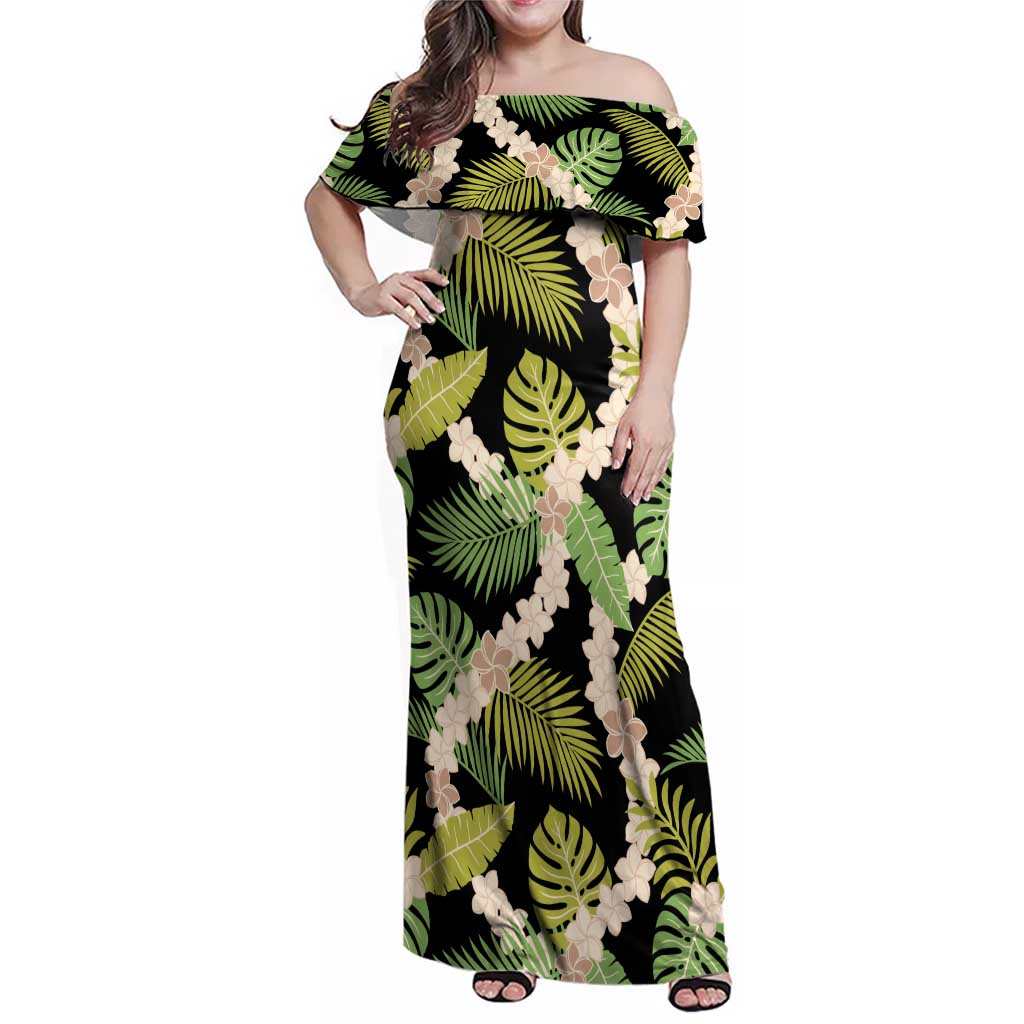 Black Hawaii Plumeria Lei With Tropical Leaves Family Matching Off Shoulder Maxi Dress and Hawaiian Shirt LT14 Mom's Dress Black - Polynesian Pride
