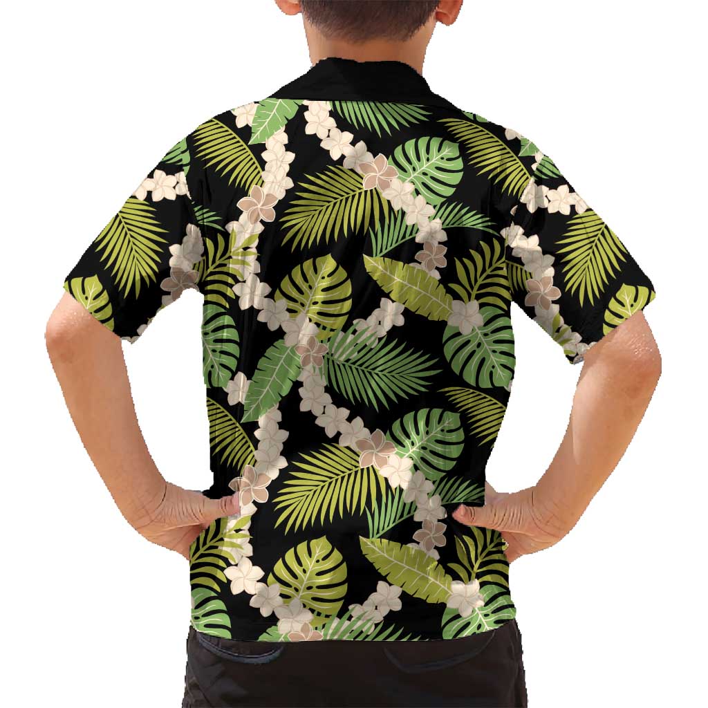 Black Hawaii Plumeria Lei With Tropical Leaves Family Matching Off Shoulder Short Dress and Hawaiian Shirt LT14 - Polynesian Pride