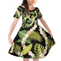 Black Hawaii Plumeria Lei With Tropical Leaves Family Matching Off Shoulder Short Dress and Hawaiian Shirt LT14 Daughter's Dress Black - Polynesian Pride