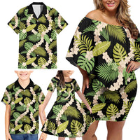 Black Hawaii Plumeria Lei With Tropical Leaves Family Matching Off Shoulder Short Dress and Hawaiian Shirt LT14 - Polynesian Pride