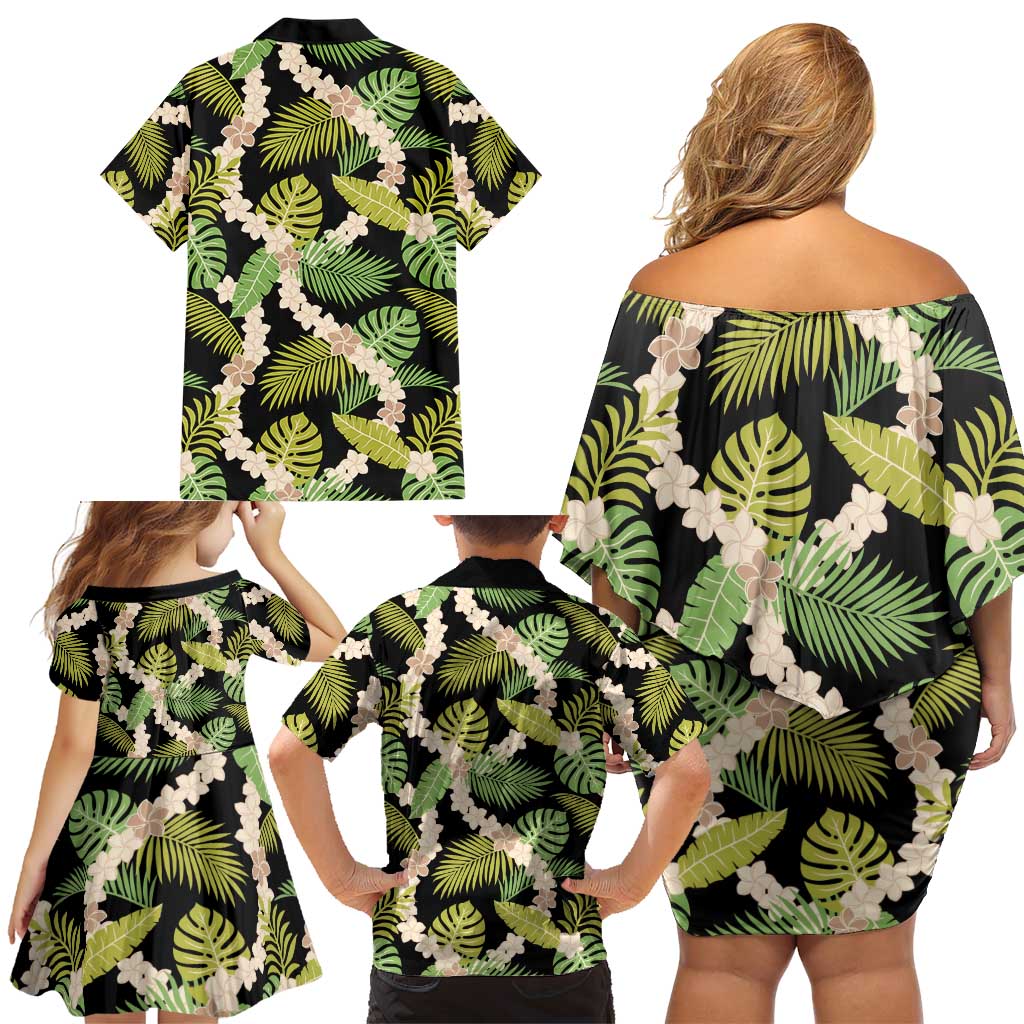 Black Hawaii Plumeria Lei With Tropical Leaves Family Matching Off Shoulder Short Dress and Hawaiian Shirt LT14 - Polynesian Pride
