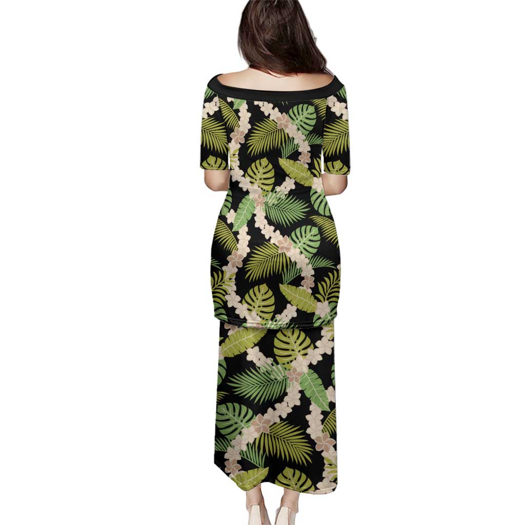 Black Hawaii Plumeria Lei With Tropical Leaves Family Matching Puletasi and Hawaiian Shirt