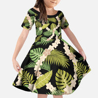 Black Hawaii Plumeria Lei With Tropical Leaves Family Matching Short Sleeve Bodycon Dress and Hawaiian Shirt LT14 Daughter's Dress Black - Polynesian Pride