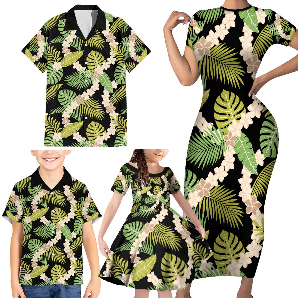 Black Hawaii Plumeria Lei With Tropical Leaves Family Matching Short Sleeve Bodycon Dress and Hawaiian Shirt LT14 - Polynesian Pride