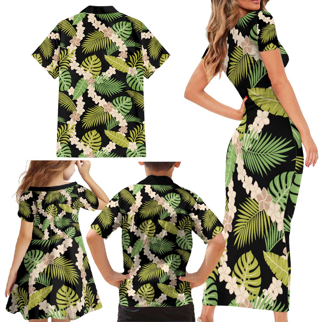 Black Hawaii Plumeria Lei With Tropical Leaves Family Matching Short Sleeve Bodycon Dress and Hawaiian Shirt LT14 - Polynesian Pride