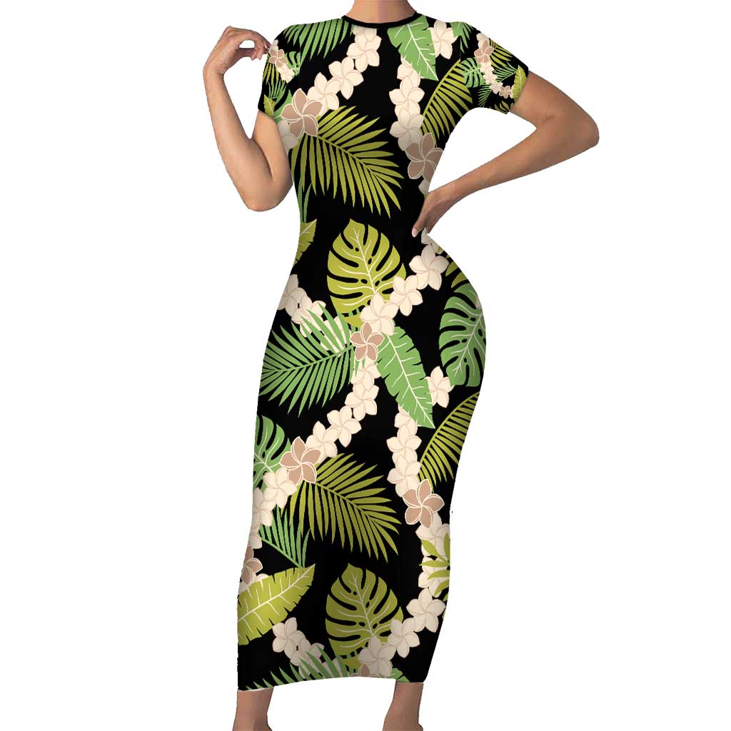 Black Hawaii Plumeria Lei With Tropical Leaves Family Matching Short Sleeve Bodycon Dress and Hawaiian Shirt LT14 Mom's Dress Black - Polynesian Pride