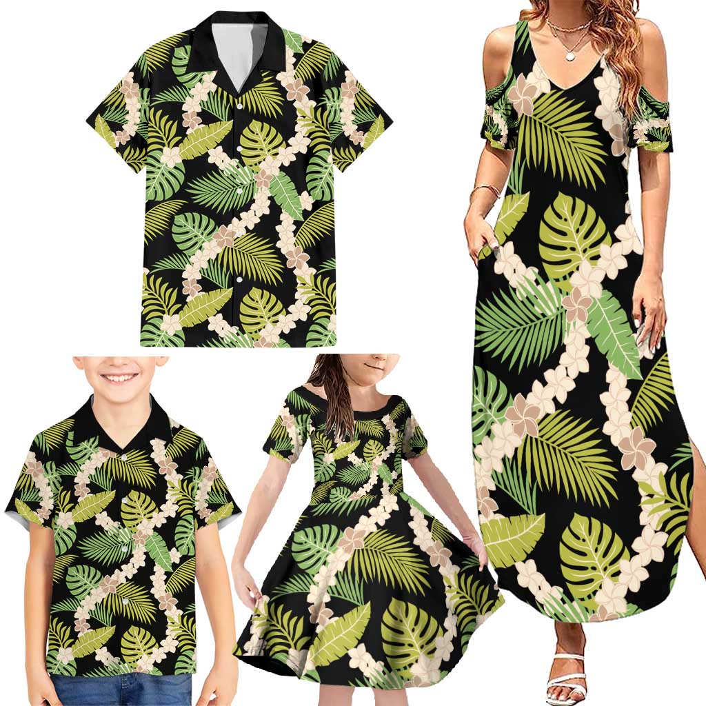 Black Hawaii Plumeria Lei With Tropical Leaves Family Matching Summer Maxi Dress and Hawaiian Shirt LT14 - Polynesian Pride