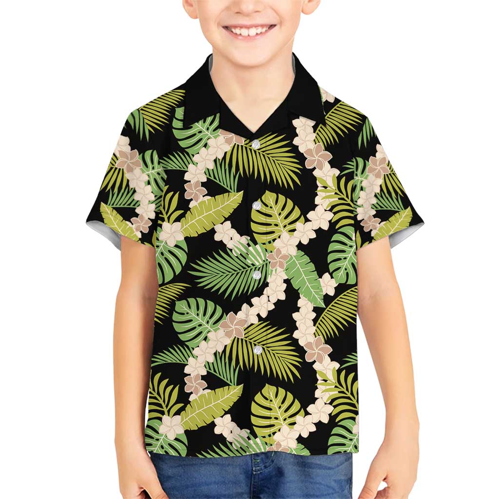 Black Hawaii Plumeria Lei With Tropical Leaves Family Matching Summer Maxi Dress and Hawaiian Shirt LT14 Son's Shirt Black - Polynesian Pride