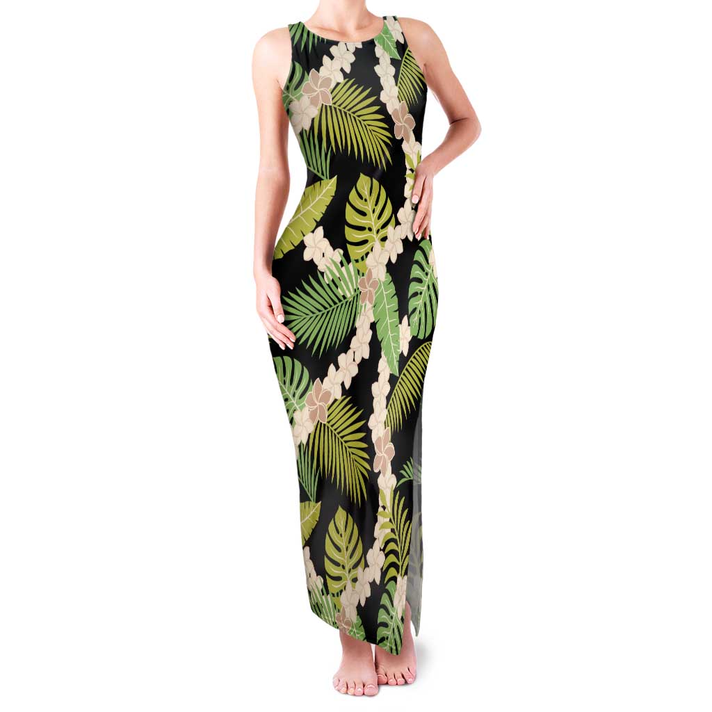 Black Hawaii Plumeria Lei With Tropical Leaves Family Matching Tank Maxi Dress and Hawaiian Shirt LT14 Mom's Dress Black - Polynesian Pride
