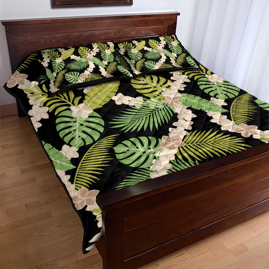 Black Hawaii Plumeria Lei With Tropical Leaves Quilt Bed Set