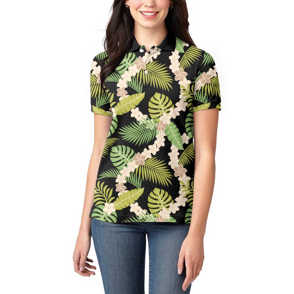Black Hawaii Plumeria Lei With Tropical Leaves Women Polo Shirt