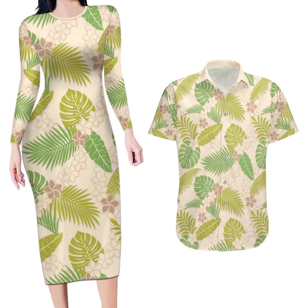 Beige Hawaii Plumeria Lei With Tropical Leaves Couples Matching Long Sleeve Bodycon Dress and Hawaiian Shirt LT14 Beige - Polynesian Pride