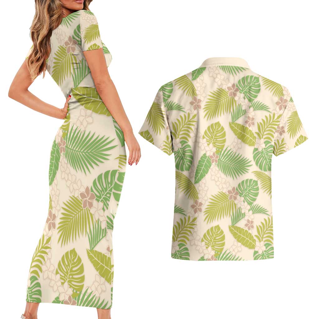 Beige Hawaii Plumeria Lei With Tropical Leaves Couples Matching Short Sleeve Bodycon Dress and Hawaiian Shirt LT14 - Polynesian Pride