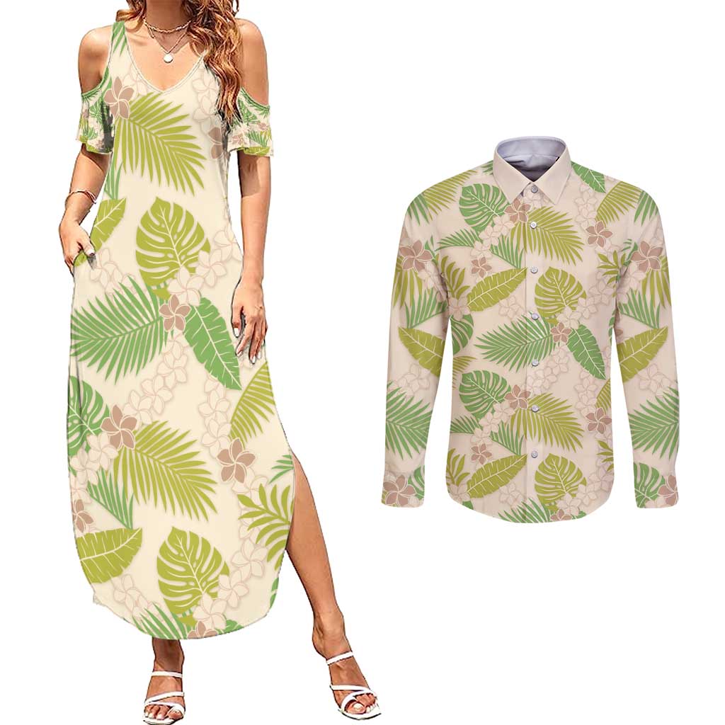 Beige Hawaii Plumeria Lei With Tropical Leaves Couples Matching Summer Maxi Dress and Long Sleeve Button Shirt LT14 Beige - Polynesian Pride