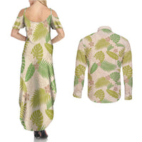 Beige Hawaii Plumeria Lei With Tropical Leaves Couples Matching Summer Maxi Dress and Long Sleeve Button Shirt LT14 - Polynesian Pride