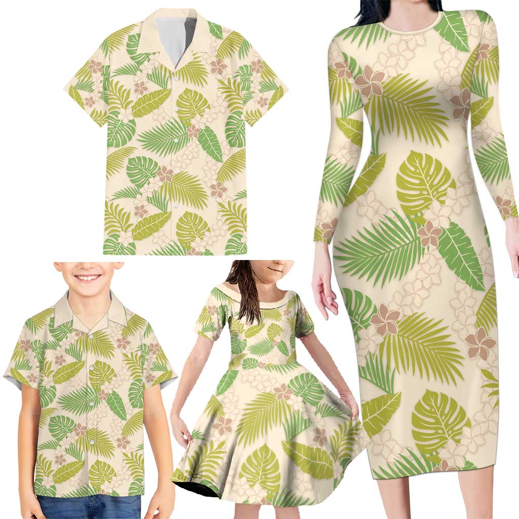 Beige Hawaii Plumeria Lei With Tropical Leaves Family Matching Long Sleeve Bodycon Dress and Hawaiian Shirt LT14 - Polynesian Pride